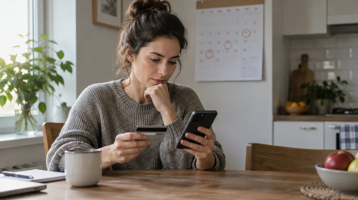 A person at a kitchen table holding a bank card and phone at an online checkout, with dates circled on a calendar