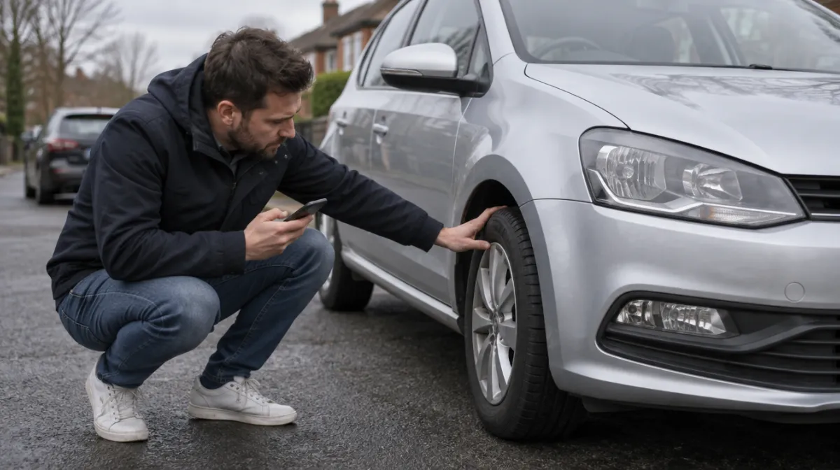 A buyer crouching to inspect the tire tread of a used silver hatchback parked on a residential street