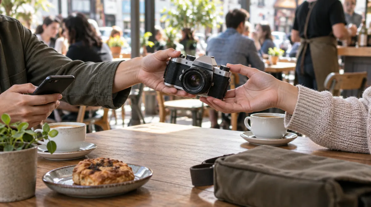 Two people exchanging a secondhand camera at a bright café table