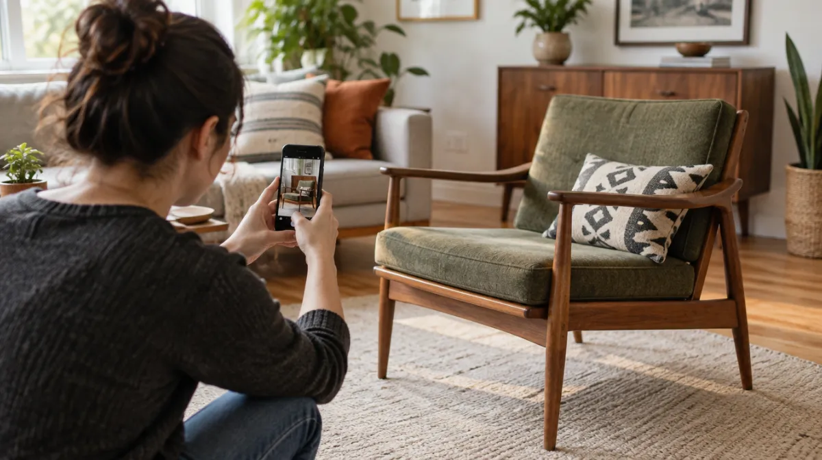 A person photographing a mid-century wooden armchair with a smartphone in a bright living room