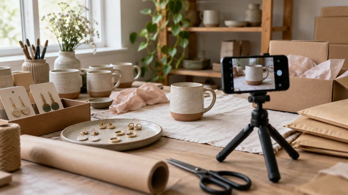 Handmade ceramic mugs and jewelry on a table while a phone on a small tripod photographs a mug