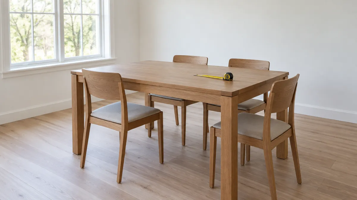 A clean wooden dining table and four chairs styled in a bright empty room, with a tape measure on the table