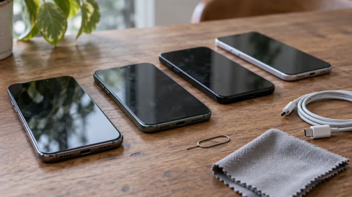 Several used smartphones on a wooden table with a SIM ejector tool, a charging cable and a microfiber cloth