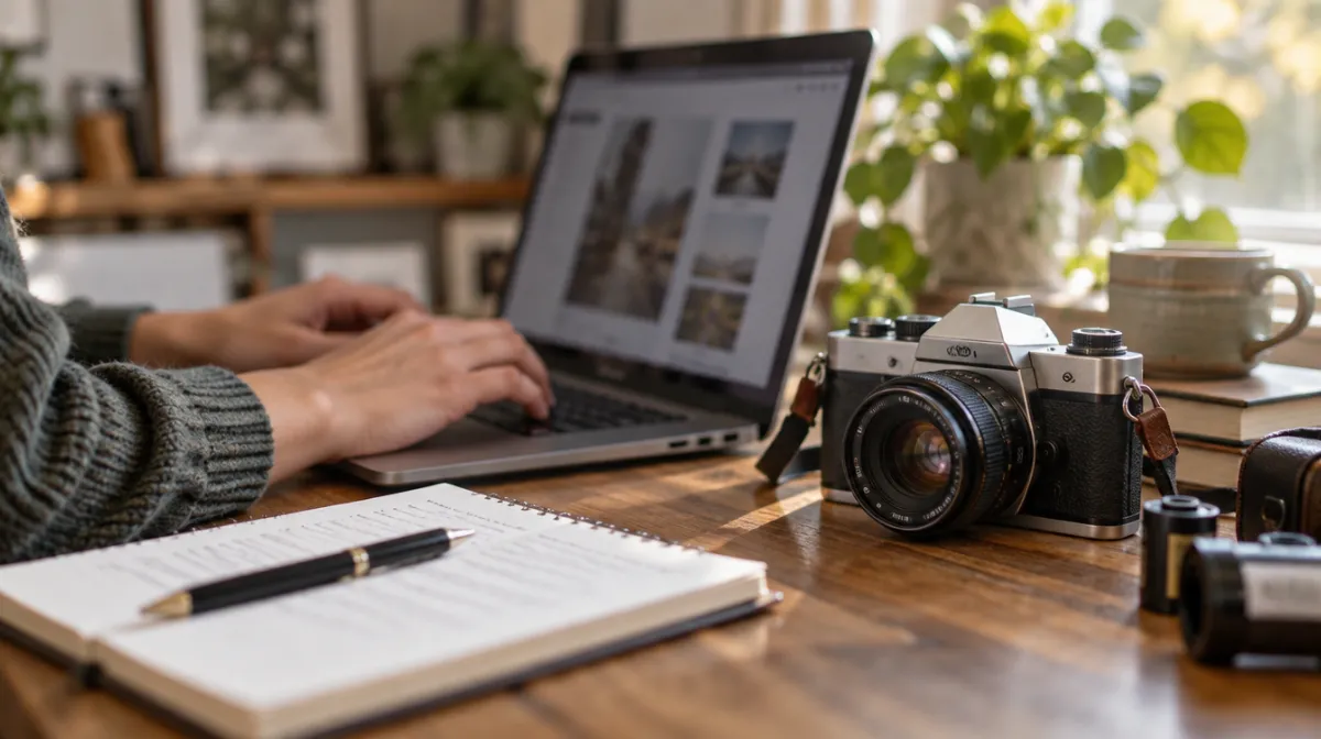Hands typing a product description on a laptop beside a vintage film camera that is being sold